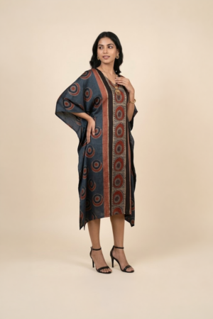 Blue Ajrakh print kaftan dress for women