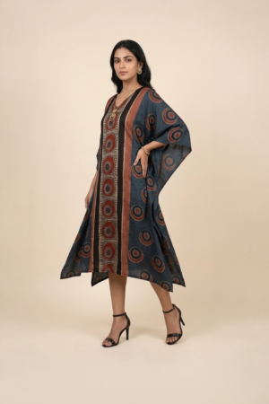 Blue Ajrakh print kaftan dress for women