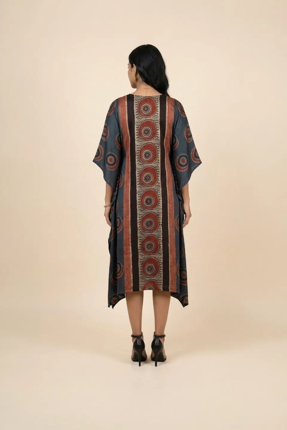 Blue Ajrakh Print Modal Satin Kaftan Dress – alternate product view