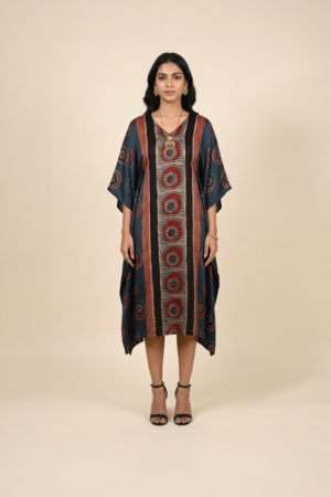 Blue Ajrakh print kaftan dress for women