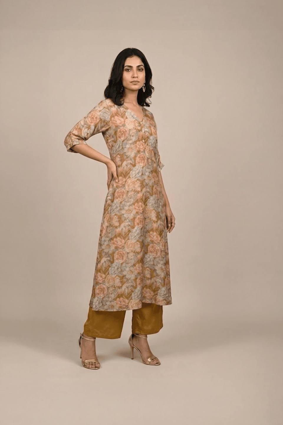 Rose Floral A-Line Kurta Set – full-length product view