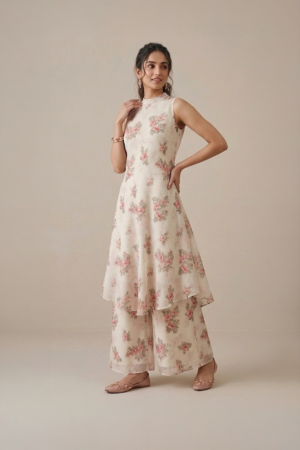Ivory floral kurti set for women with sleeveless kurti and wide leg pants