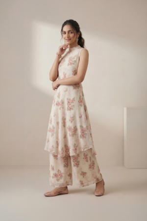Ivory floral kurti set for women with sleeveless kurti and wide leg pants