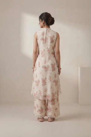 Ivory floral kurti set for women with sleeveless kurti and wide leg pants