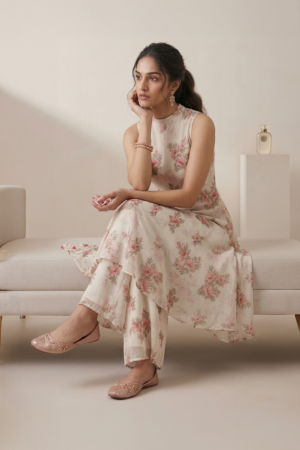 Ivory floral kurti set for women with sleeveless kurti and wide leg pants