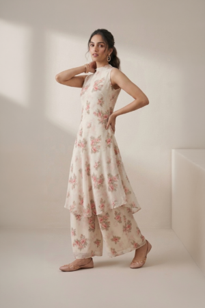 Ivory floral kurti set for women with sleeveless kurti and wide leg pants
