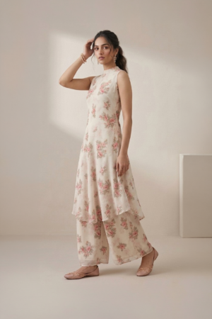 Ivory floral kurti set for women with sleeveless kurti and wide leg pants