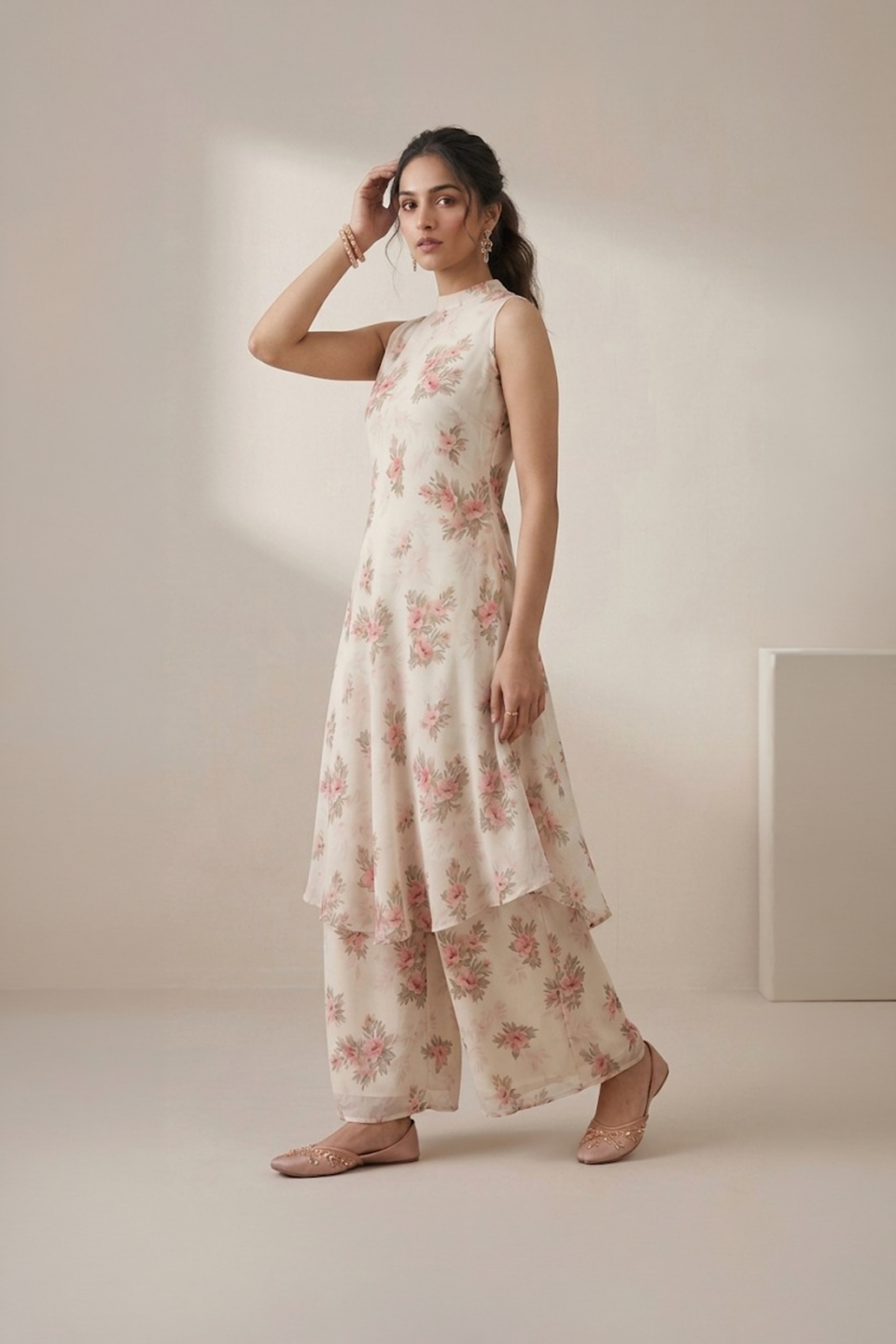 Ivory floral kurti set for women with sleeveless kurti and wide leg pants