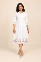 Ivory floral embroidered shirt dress, full-length front view with nude slingback shoes