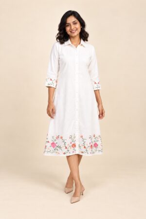 Ivory floral embroidered shirt dress, full-length front view with nude slingback shoes