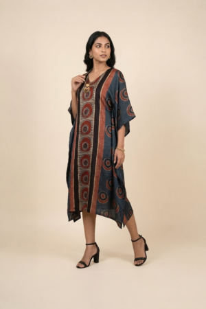 Blue Ajrakh print kaftan dress for women