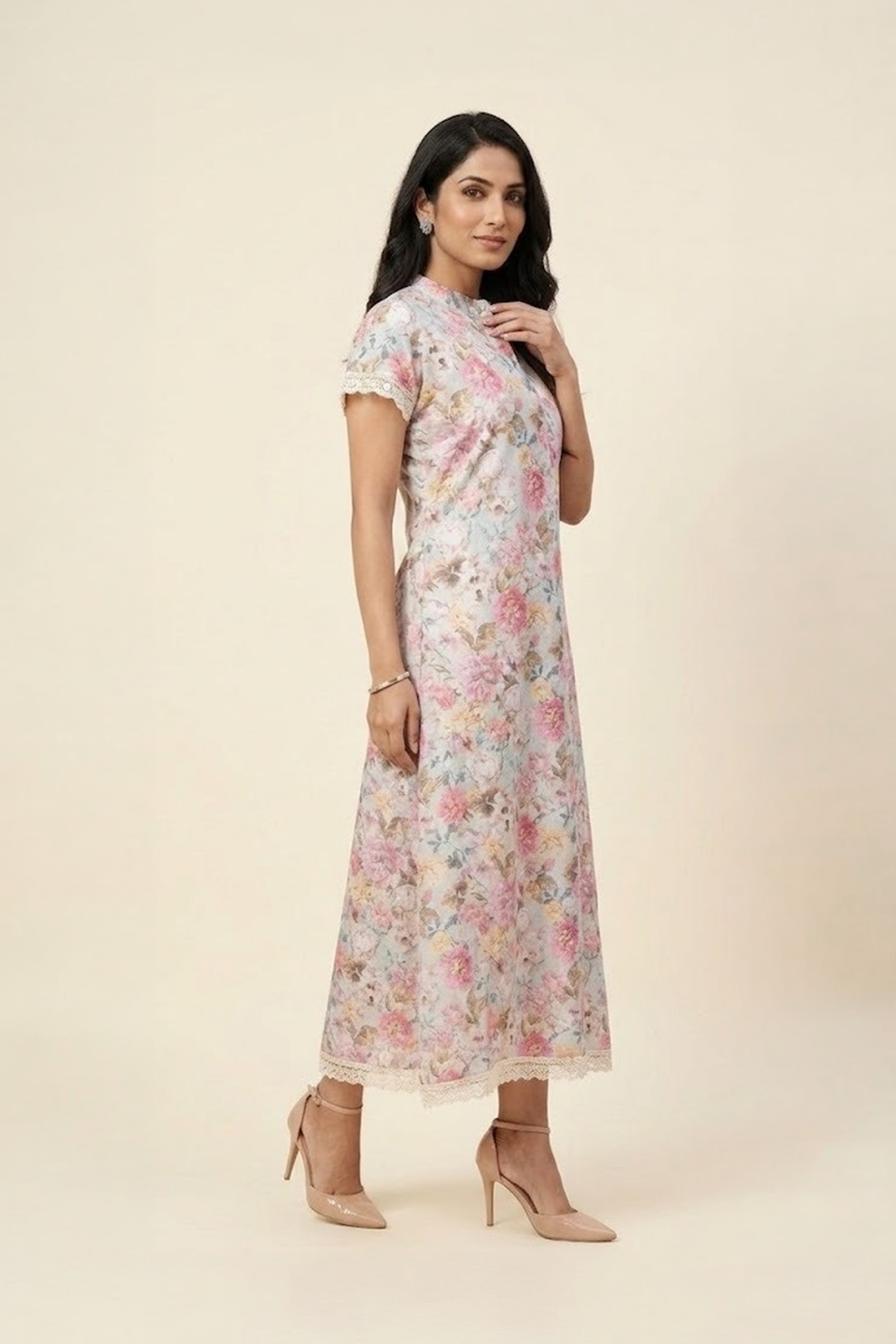 Vintage Rose Floral A-Line Dress with Lace Trim