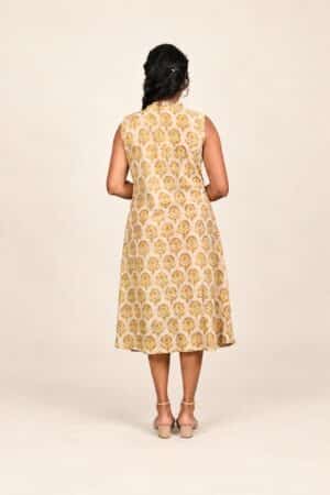 Yellow and beige Ajrakh cotton sleeveless dress, full-length back view with nude ankle-strap sandals