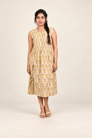 Yellow and beige Ajrakh cotton sleeveless dress, full-length front view with nude ankle-strap sandals