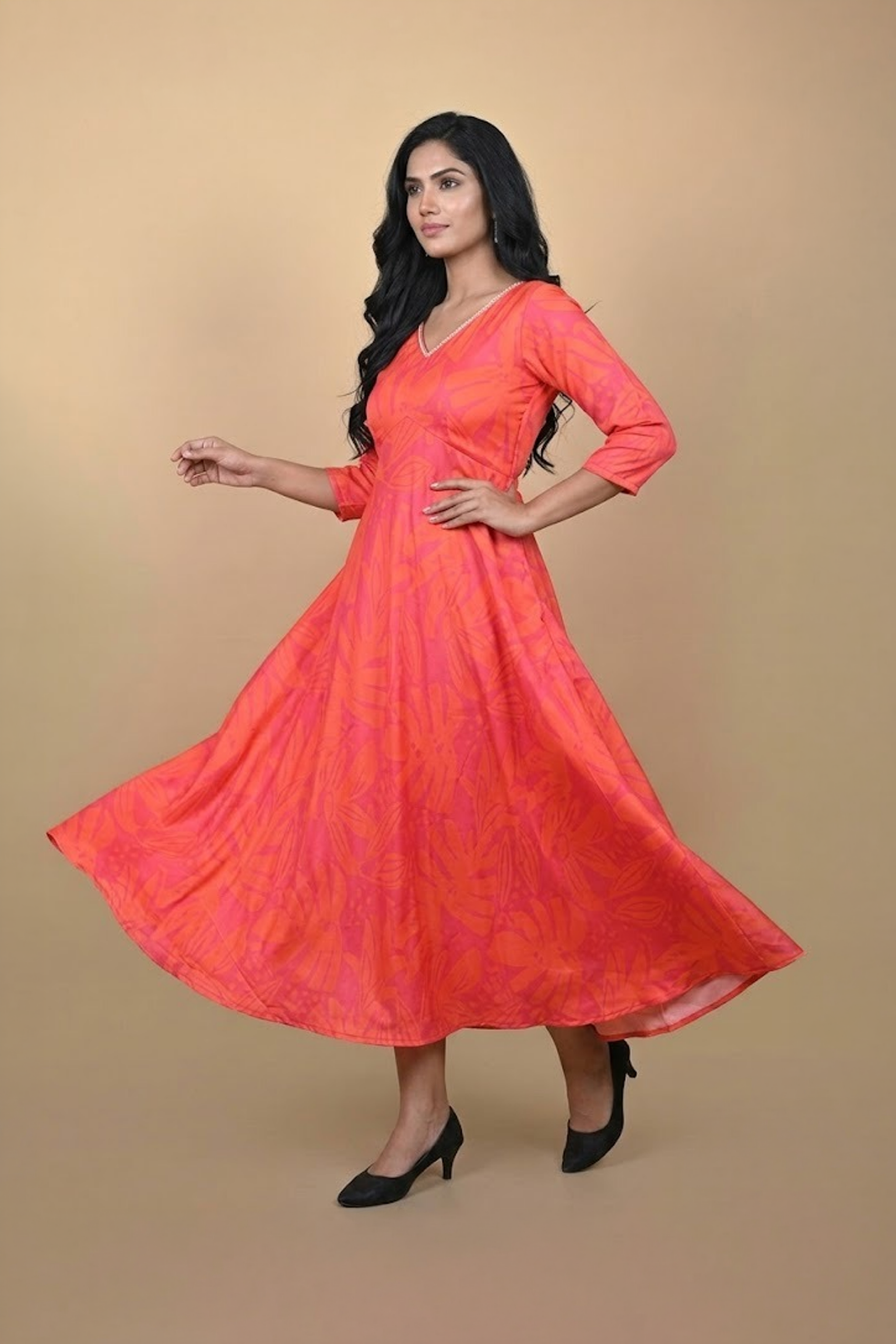 Coral Sunset Anarkali Dress in botanical print