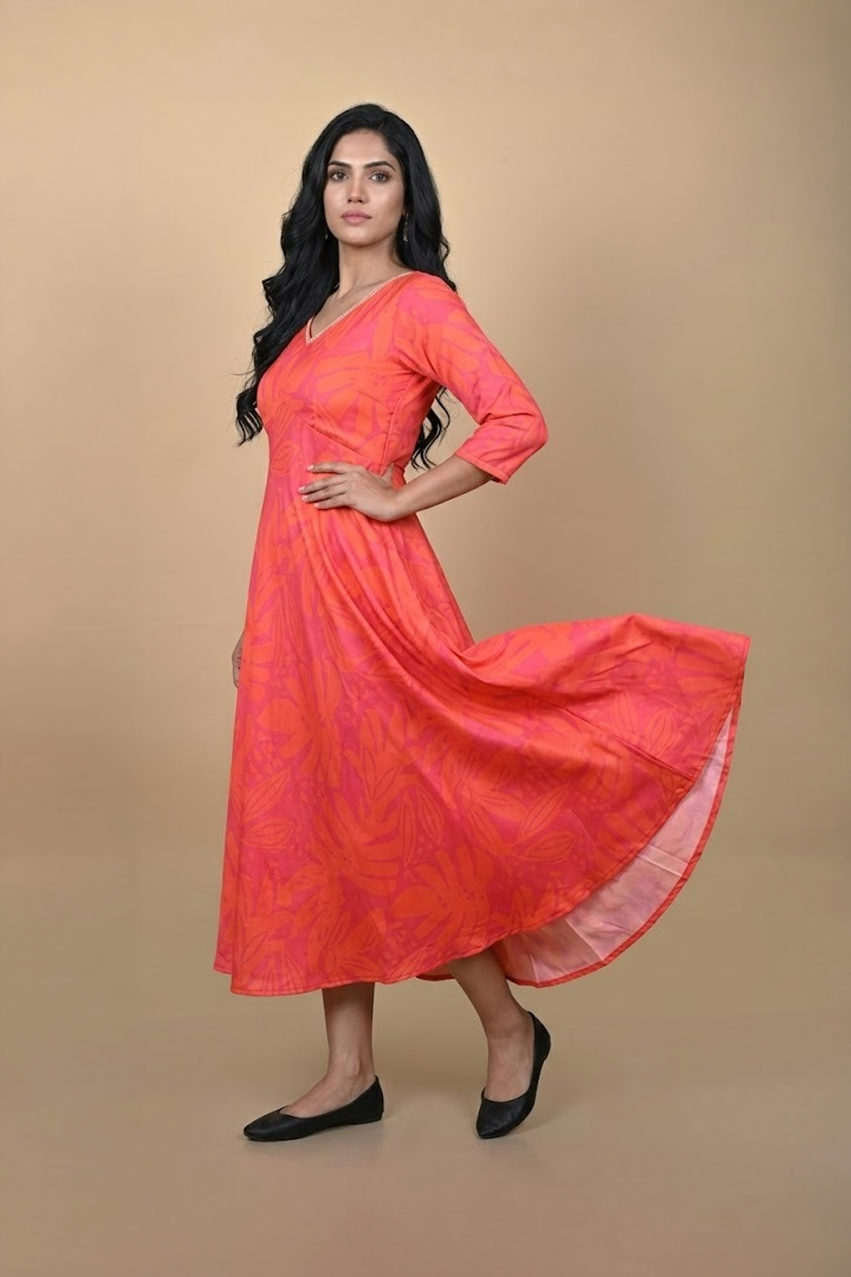 Coral Sunset Anarkali Dress in botanical print