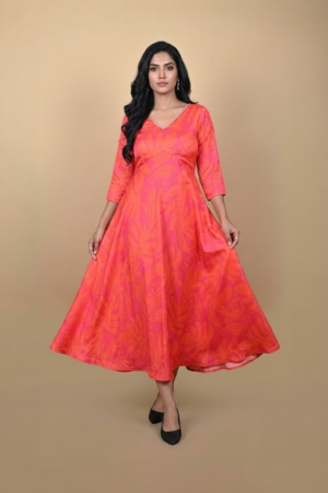 Coral Sunset Anarkali Dress in botanical print