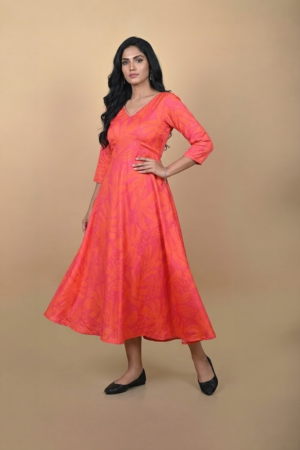 Coral Sunset Anarkali Dress in botanical print
