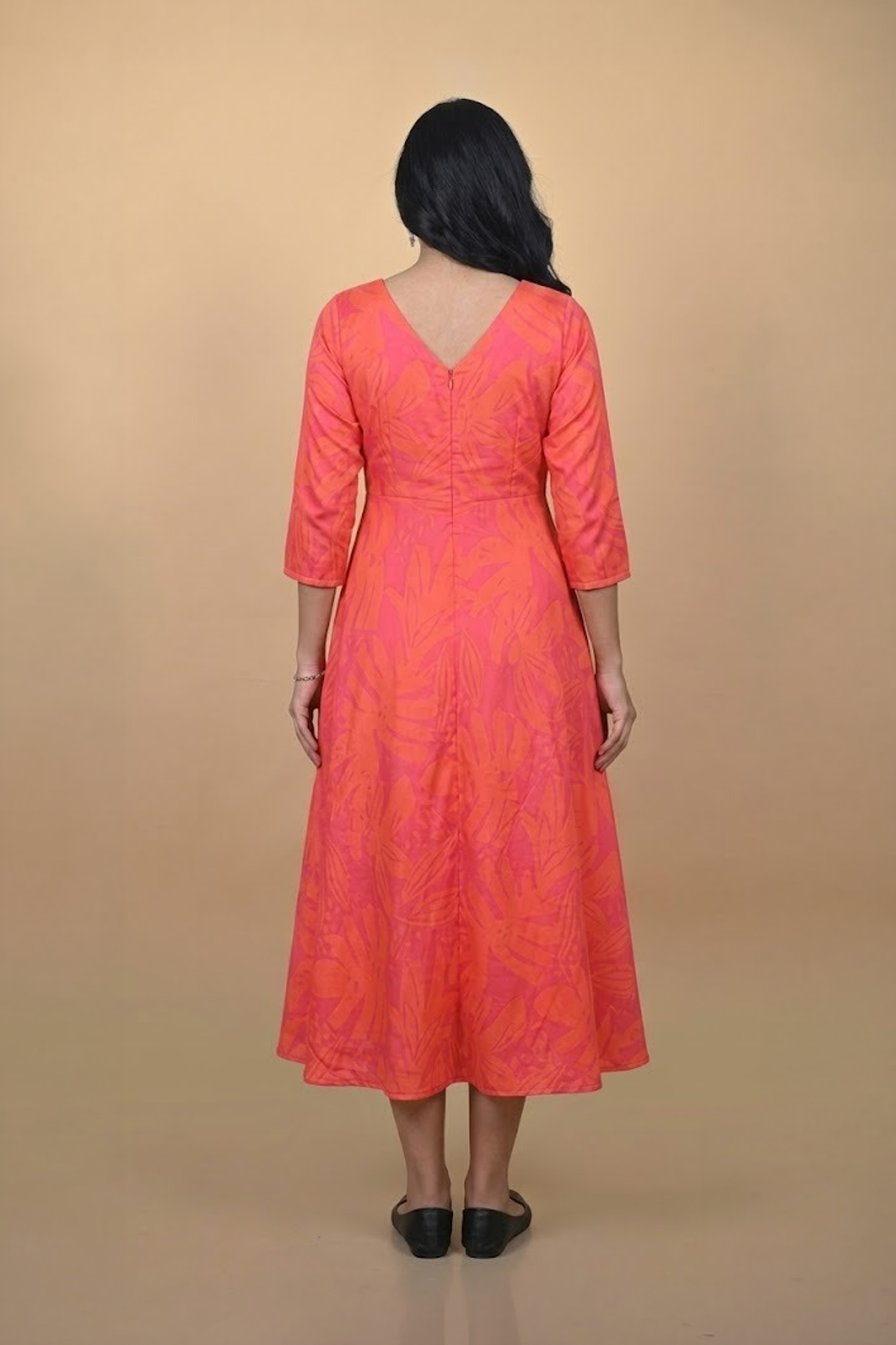Coral Sunset Anarkali Dress in botanical print