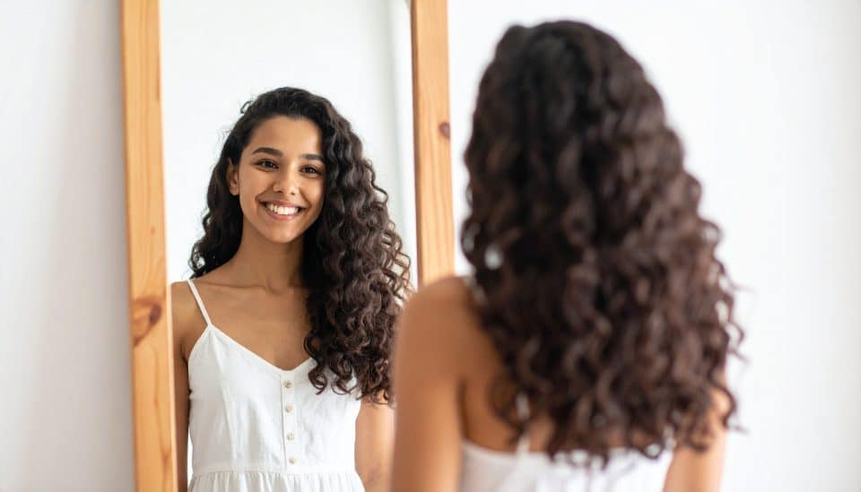 woman smiling in mirror