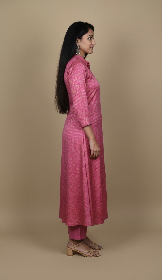 Pink button down kurta paired with matching pants, worn by a woman standing against a neutral background.