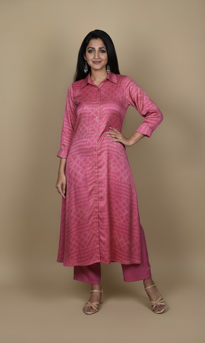 Pink button down kurta paired with matching pants, worn by a woman standing against a neutral background.