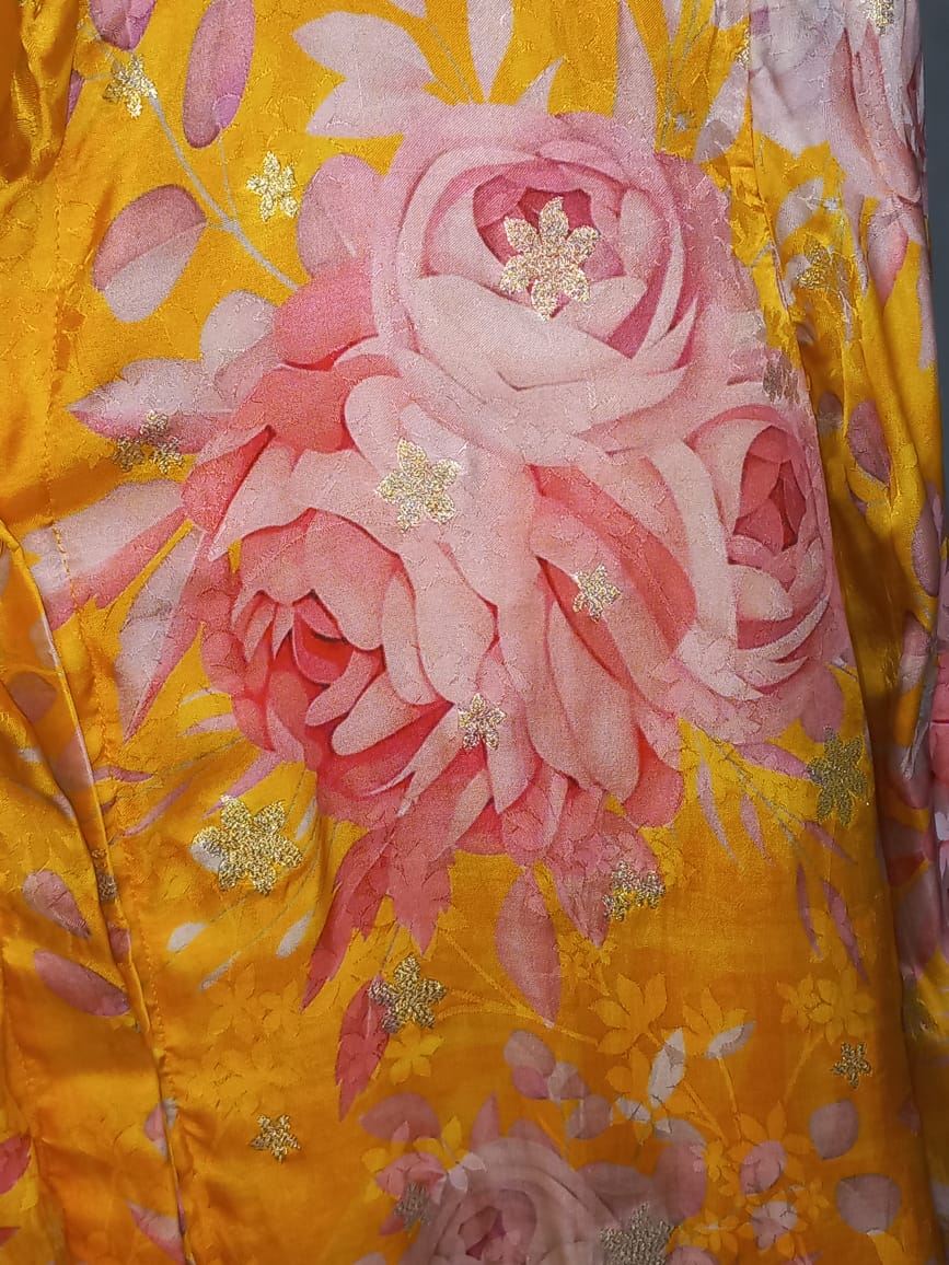 yellow floral kurta for women with pink rose prints and mandarin collar
