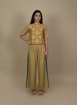 Mustard yellow Ajrakh set in modal satin