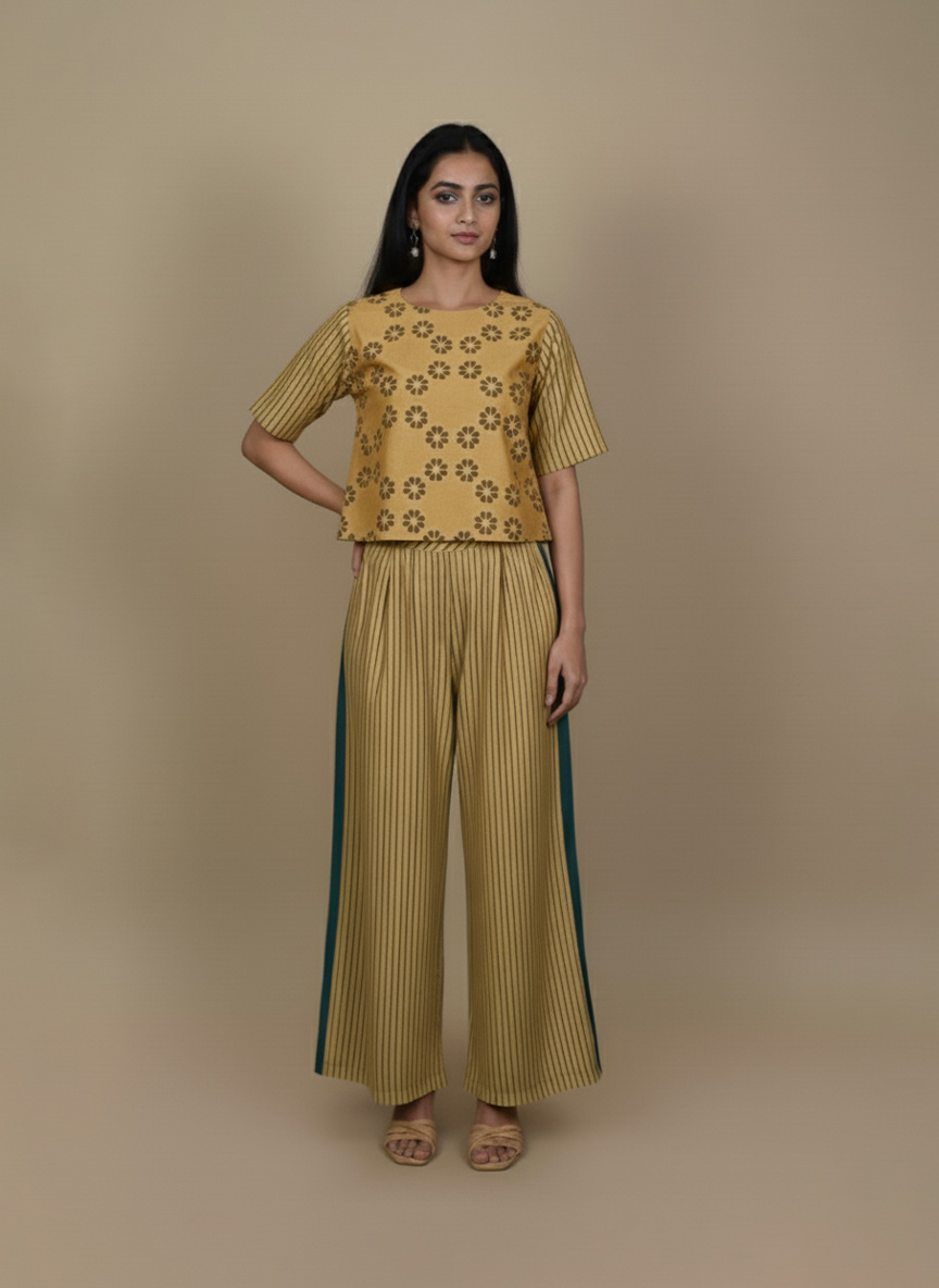 Mustard yellow Ajrakh set in modal satin