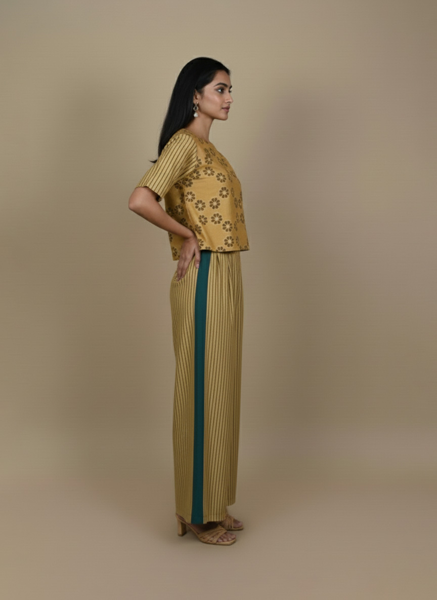 Mustard yellow Ajrakh set in modal satin