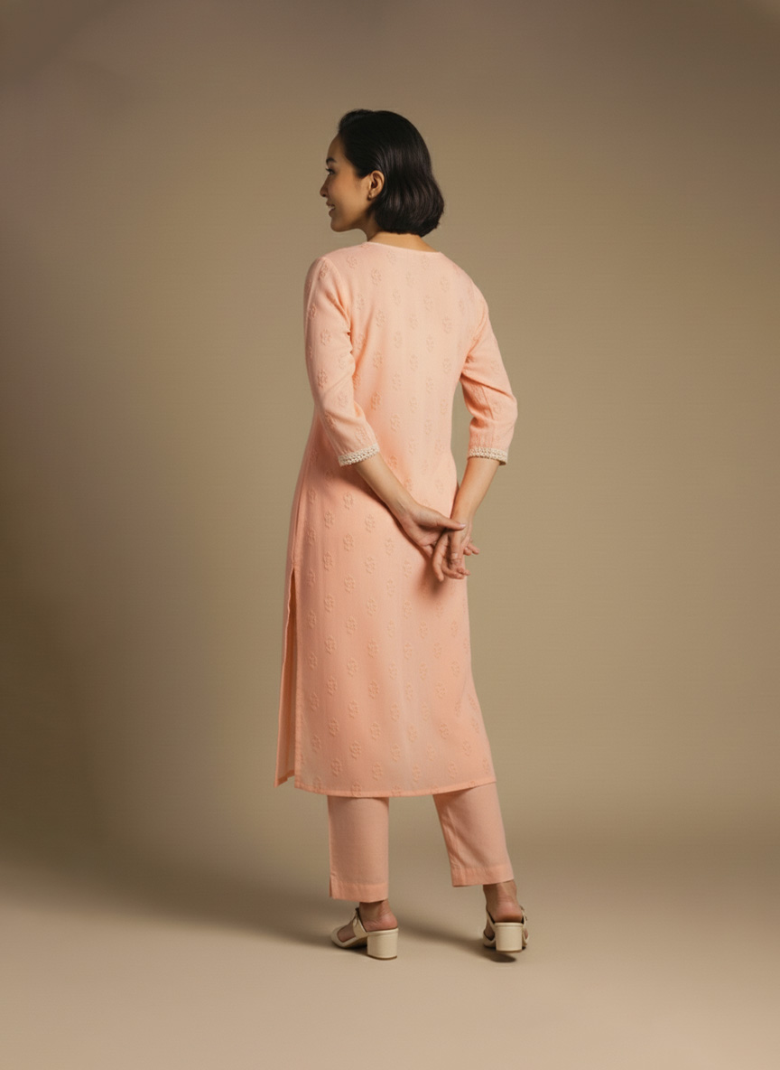 “Woman wearing a peach-orange embroidered kurta set with round neckline, keyhole detail, and matching pants, standing barefoot against a beige background.”