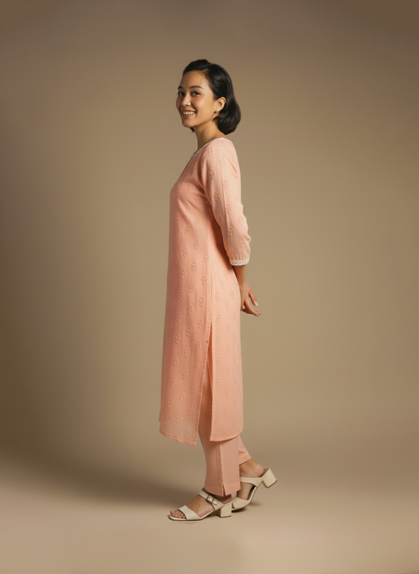 “Woman wearing a peach-orange embroidered kurta set with round neckline, keyhole detail, and matching pants, standing barefoot against a beige background.”