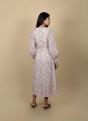 White & Pink Floral Lace-Detail Midi Dress