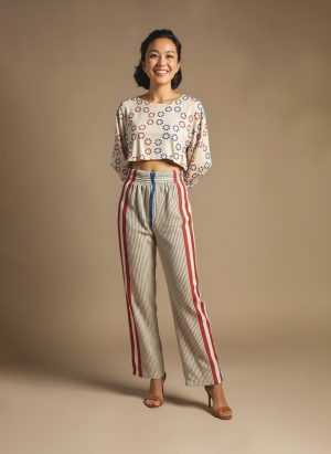 white and red striped co-ord set front view on model – Ivory by Radhika