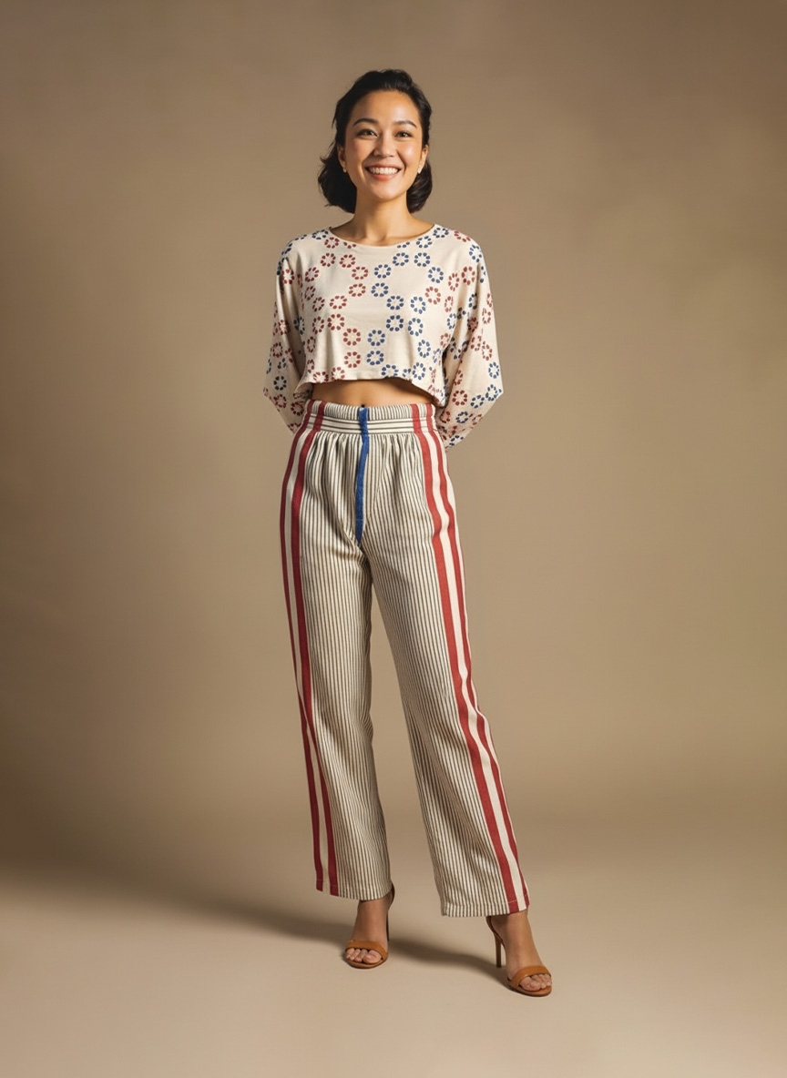 white and red striped co-ord set front view on model – Ivory by Radhika