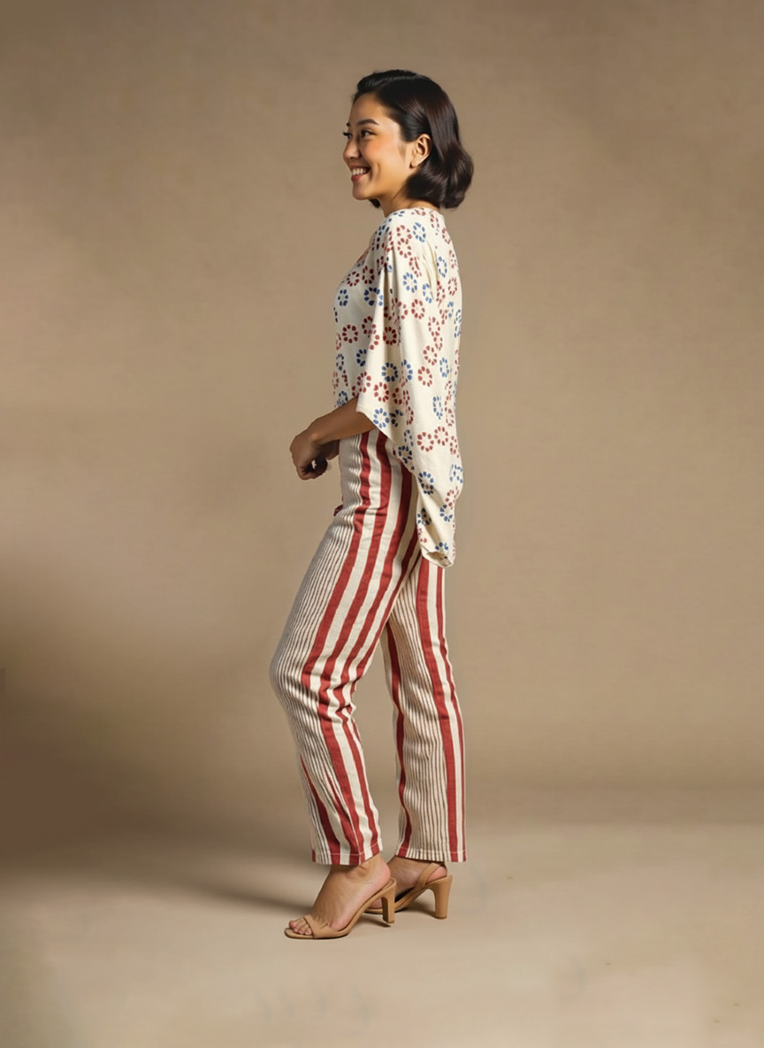 white and red striped co-ord set front view on model – Ivory by Radhika