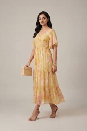 Pastel yellow floral tiered maxi dress with flutter sleeves