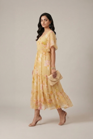 Pastel yellow floral tiered maxi dress with flutter sleeves