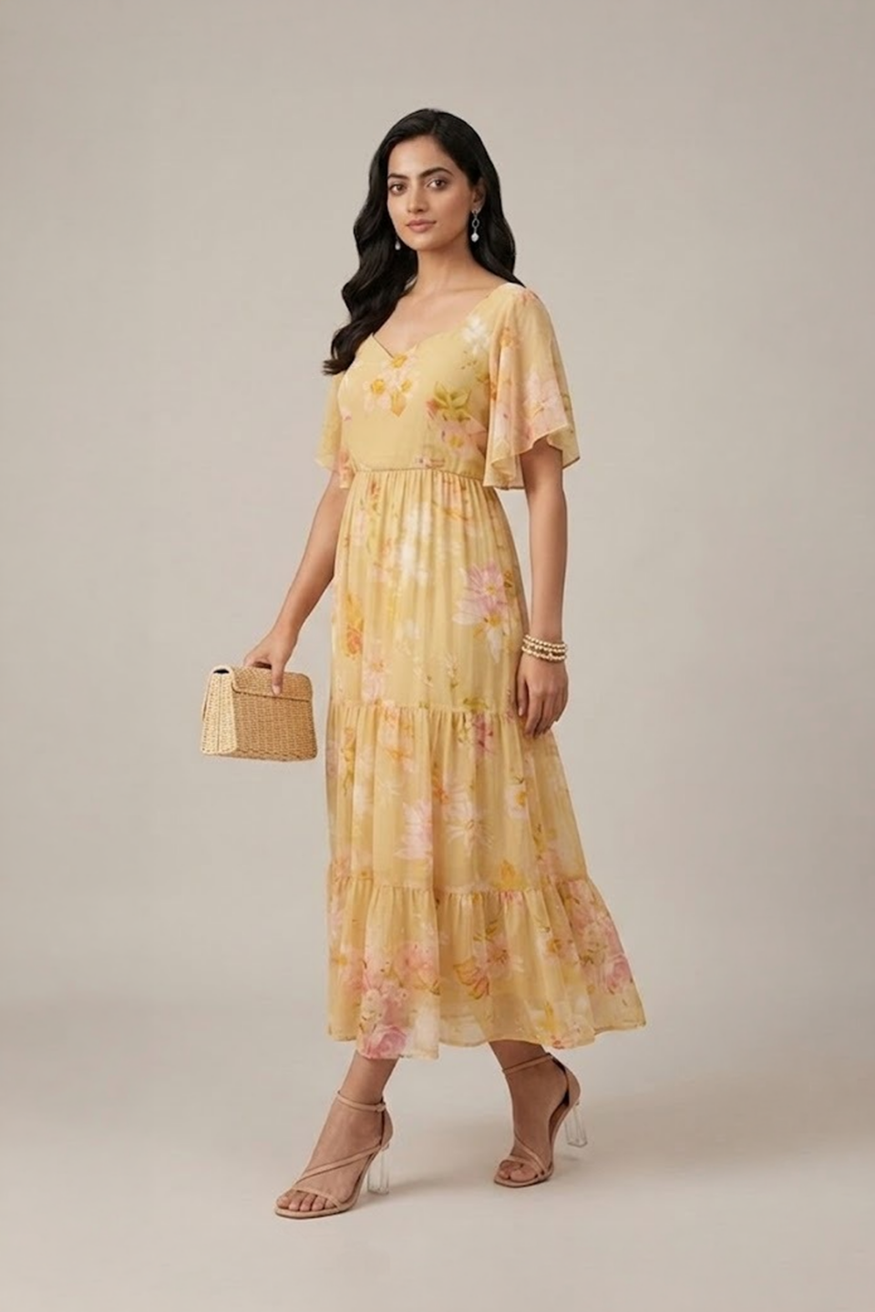 Yellow Floral Tiered Dress