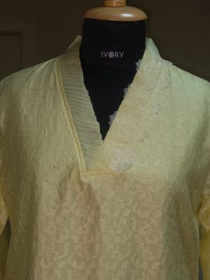 golden jacquard straight kurta for women front view