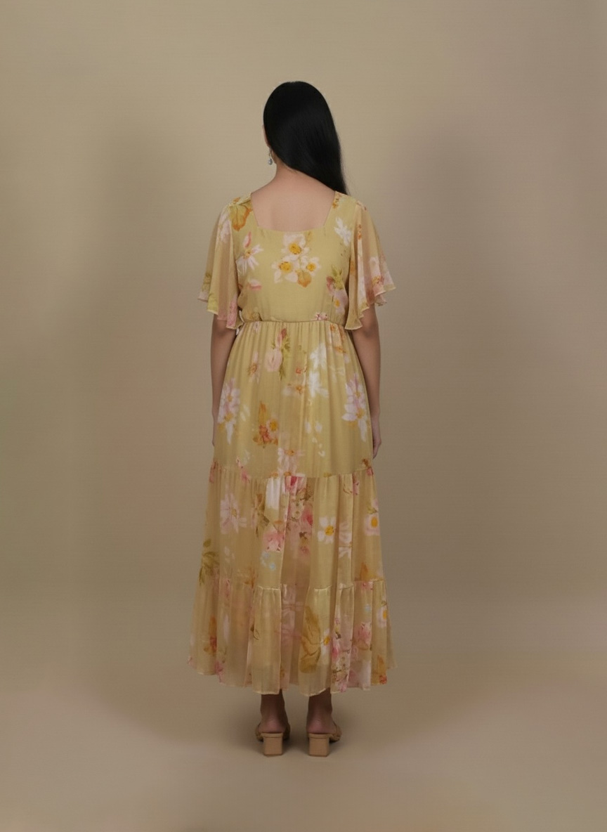 Pastel yellow floral tiered maxi dress with flutter sleeves