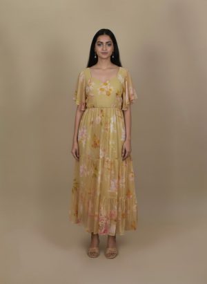 Pastel yellow floral tiered maxi dress with flutter sleeves