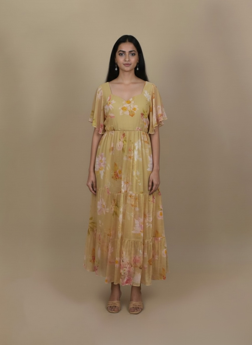 Pastel yellow floral tiered maxi dress with flutter sleeves