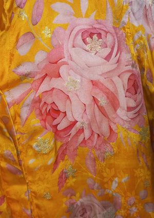 yellow floral kurta for women with pink rose prints and mandarin collar