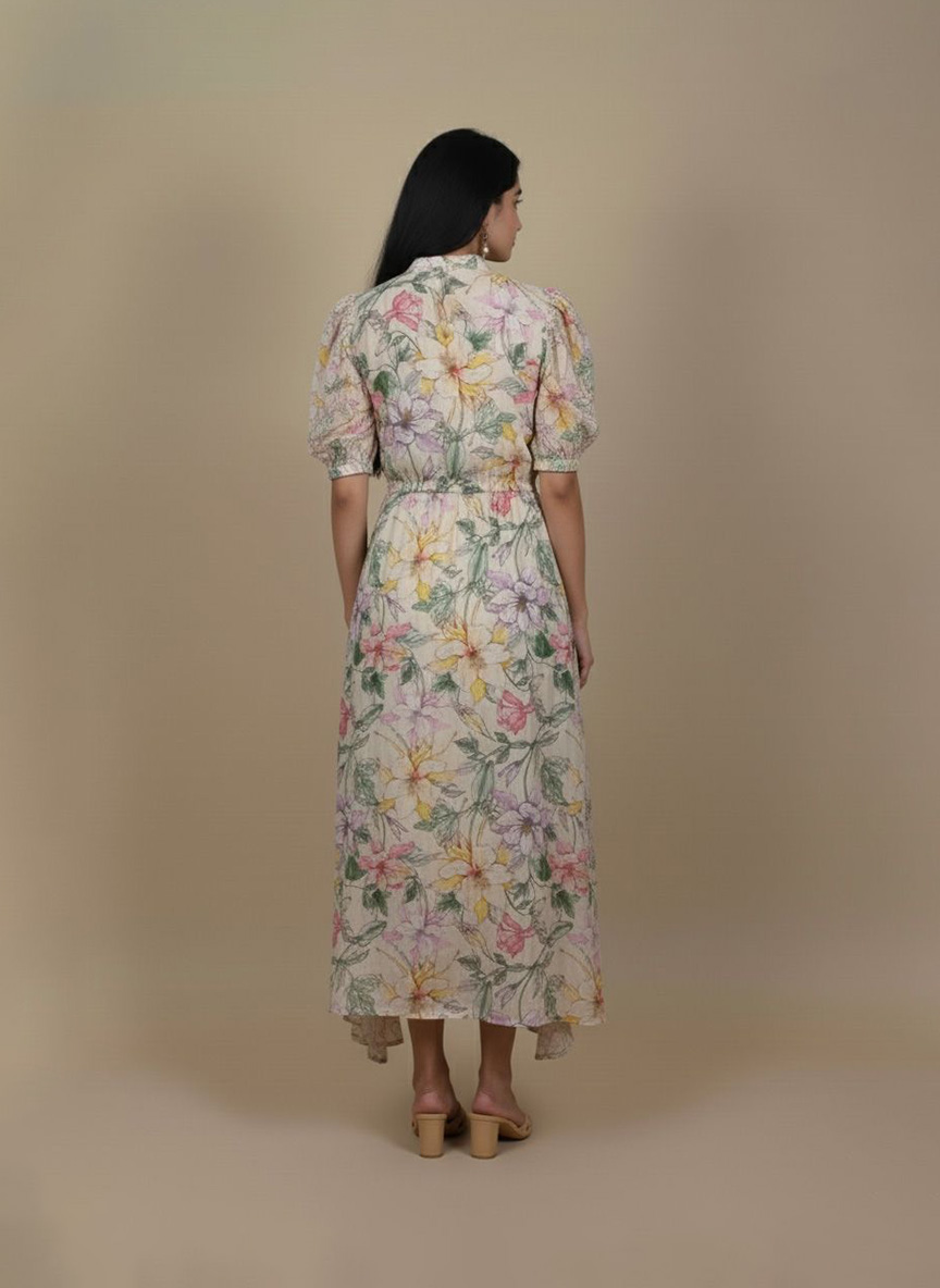 Back view of floral high low dress with flowy high low hem.