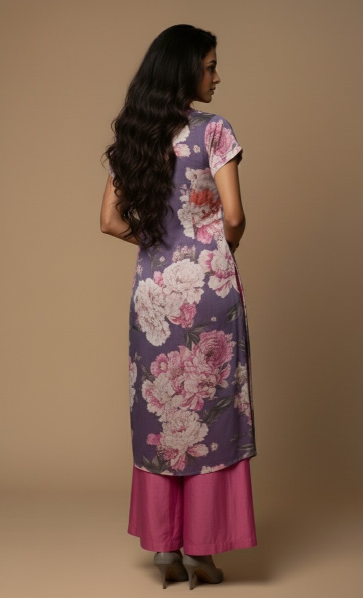 Purple floral kurta set for women – cotton co-ord with pink flower print and short-sleeved kurta by Ivory by Radhika.