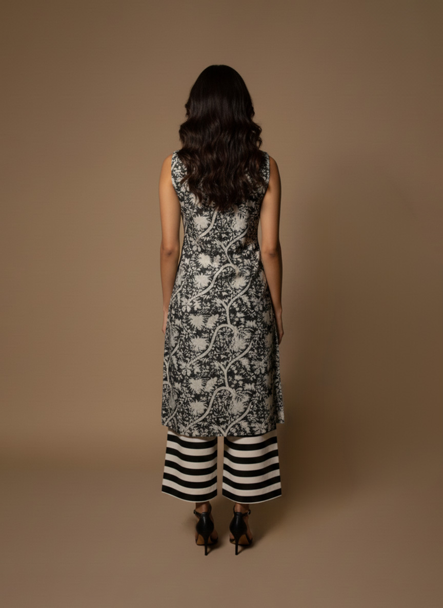 Model wearing a black and white printed cotton kurta set with sleeveless V-neck kurta and striped palazzo pants from Ivory by Radhika.