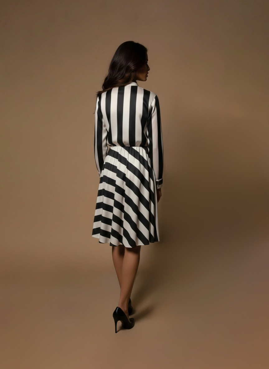 Black and white striped dress for women – satin bow-tie midi dress with full sleeves by Ivory by Radhika.