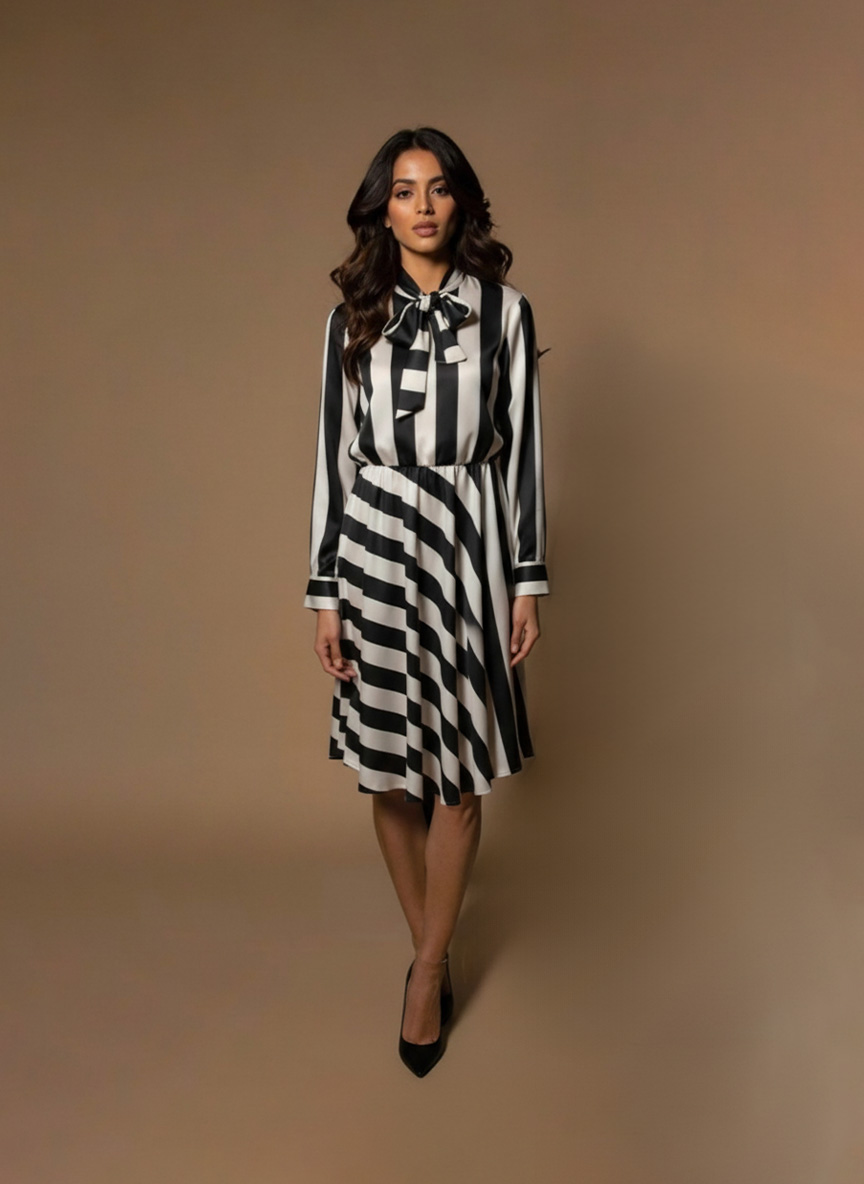 Black and white striped dress for women – satin bow-tie midi dress with full sleeves by Ivory by Radhika.