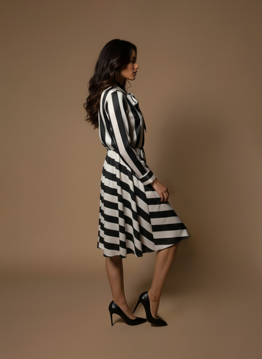 Black and white striped dress for women – satin bow-tie midi dress with full sleeves by Ivory by Radhika.